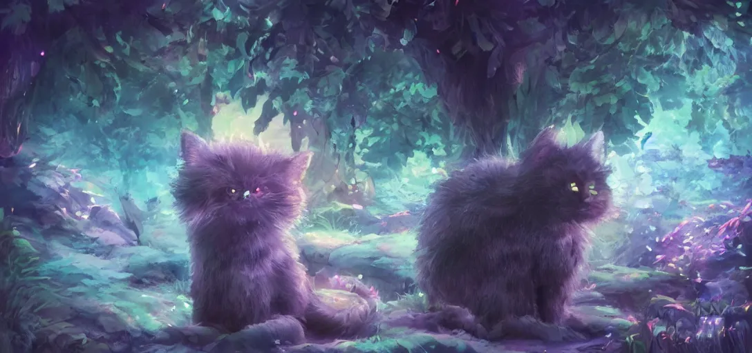 Image similar to ultra - realistic ultra - detailed adorable cute fluffy bioluminescent black cat in the style of ghibli kazuo oga, colorful fur, big ears, big purple eyes, forest landscape, dof, soft lighting, unreal engine, octane render