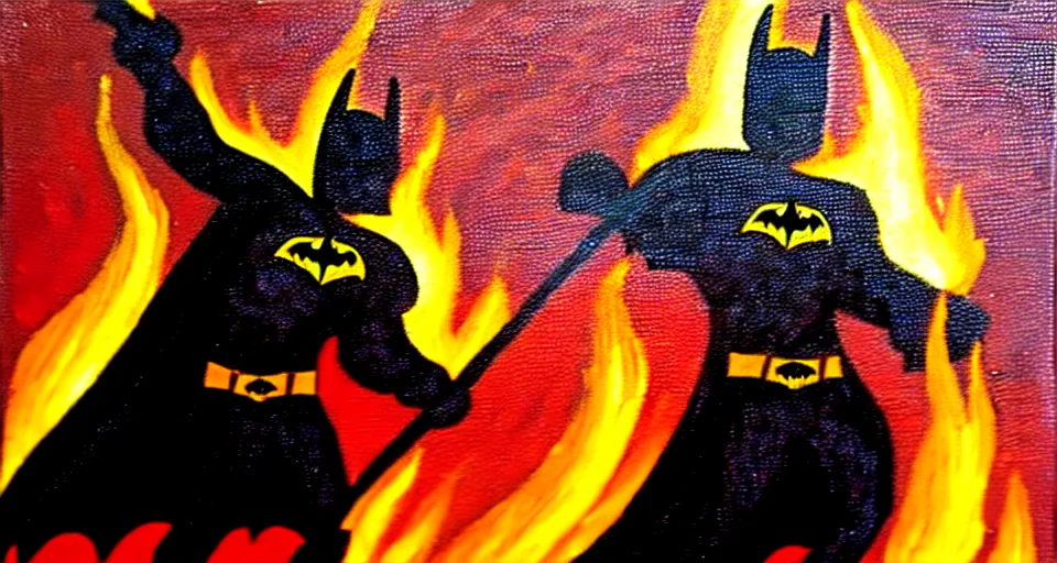 Image similar to An oil painting of a dark knight wielding a flaming sword