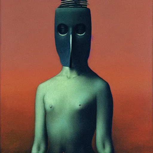 Prompt: young teen female with crow head , painting by Beksinski