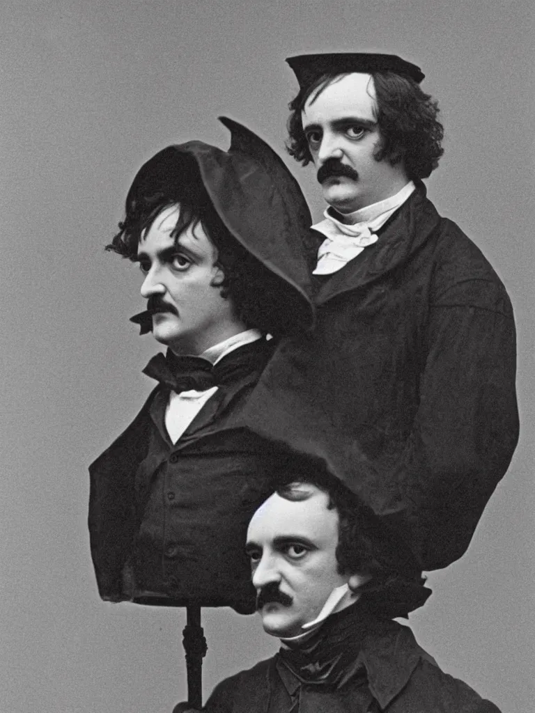 Image similar to edgar allan poe wearing a traffic cone on his head