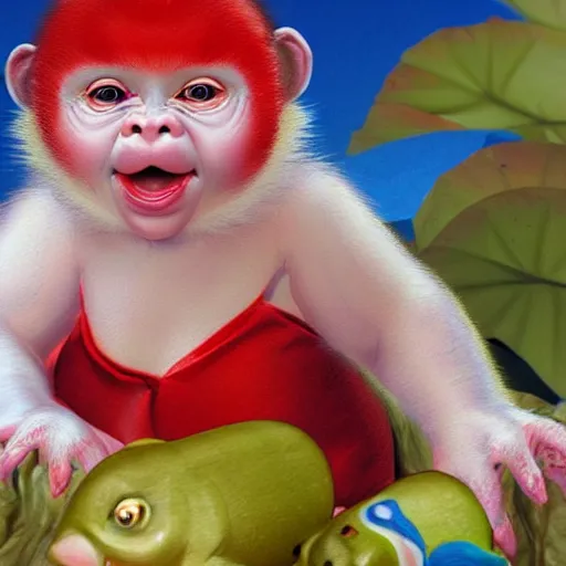 Prompt: magical scene. the sweet old very fat baby white monkey, red lips, blue eyes, is in love with her fancy beautiful colorful white fish. close up. clear face. subsurface scattering shiny skin. cinematic scene. glossy. highly detailed, color harmony, art station, ornate, caravaggio style. 3 d, beautiful lighting, old photography