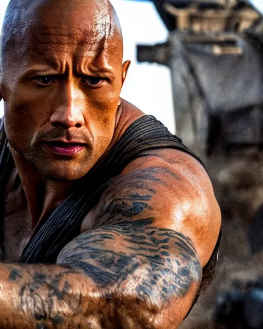 Prompt: film still close up shot of dwayne johnson as max rockatansky in the movie mad max. photographic, photography