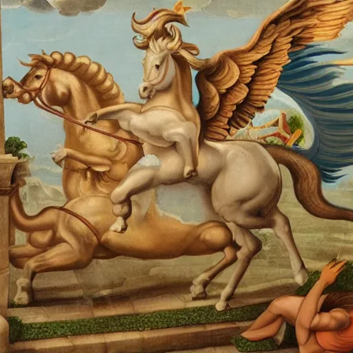 Prompt: painting of Centaur and Pegasus at the Acropolis, Greek gods, Zeus, Poseidon, Aphrodite, intricate, high detail, sensual, in the style of Michaelangelo