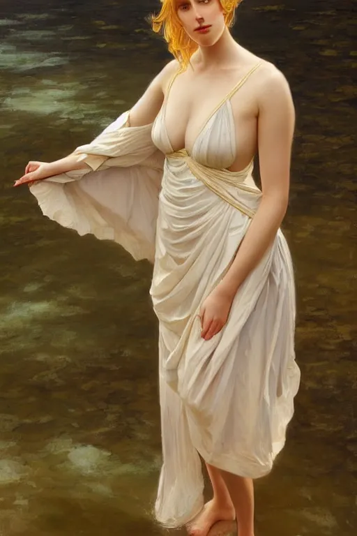 Image similar to a beautiful annie leonhart wearing a dress emerging from the water, oil on canvas, sensuality, artstation, by j. c. leyendecker and edmund blair leighton and charlie bowater