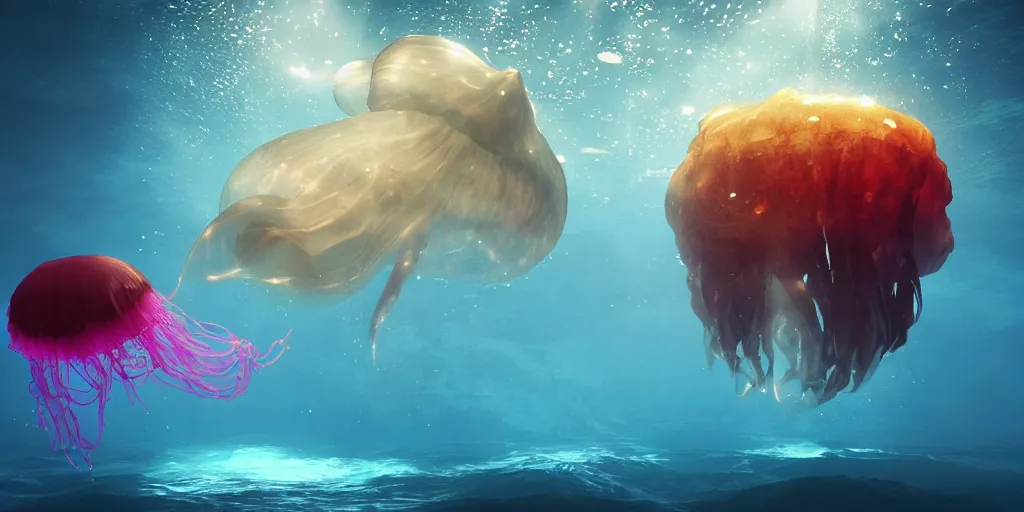 Prompt: underwater enviroment with a giant Rainbow Jellyfish.boss creature , unreal 5, hyperrealistic, realistic, photorealistic, dynamic lighting, highly detailed, cinematic landscape, studio landscape, studio lighting