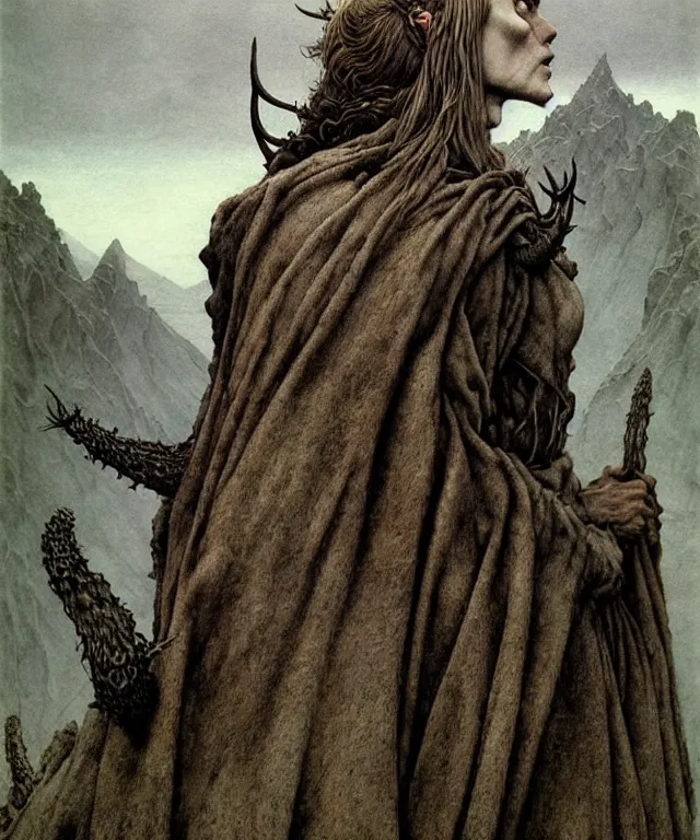 Image similar to A detailed horned boarwoman stands among the mountains. Wearing a ripped mantle, robe. Perfect faces, extremely high details, realistic, fantasy art, solo, masterpiece, art by Zdzisław Beksiński, Arthur Rackham, Dariusz Zawadzki