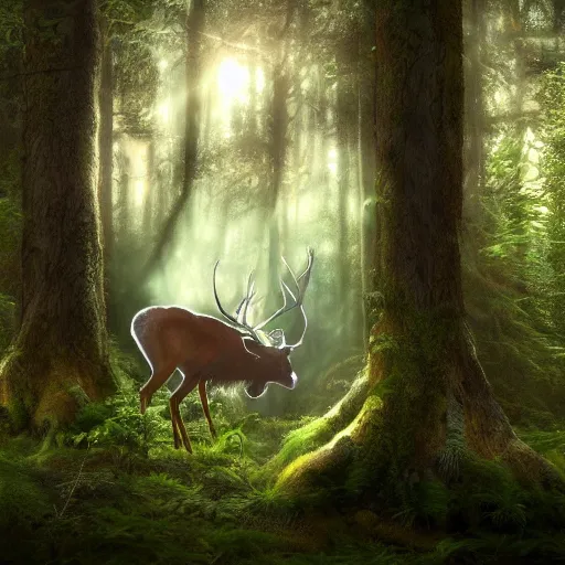 Image similar to photography of an hyper realistic elven, celestial highly detailed stag, in a magical highly detailed forest background. sunlight rays throught the trees. concept art 8 k rendering.