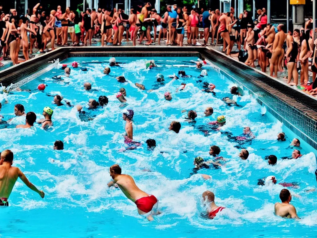 Prompt: a perfect photograph of a train crashing through a crowded swimming pool. sponsored by nike