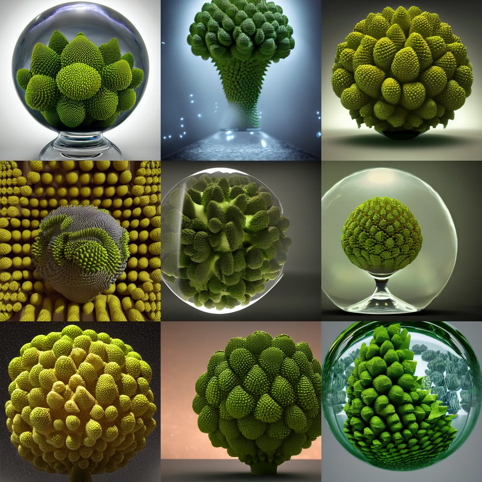 Prompt: romanesco brocoli inside the glass ball, cgsociety, cgi, octane render, unreal engine