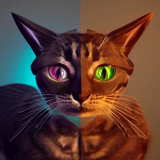 Prompt: Photorealistic cat with devil horns. Hyperdetailed photorealism, 108 megapixels, amazing depth, glowing rich colors, powerful imagery, psychedelic Overtones, 3D finalrender, 3d shading, cinematic lighting, artstation concept art