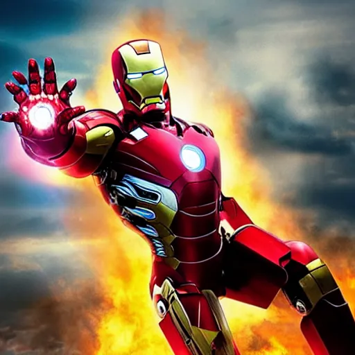 Image similar to iron man, scene from the avengers, explosions, fire, tanks, military, battlefield, war photography