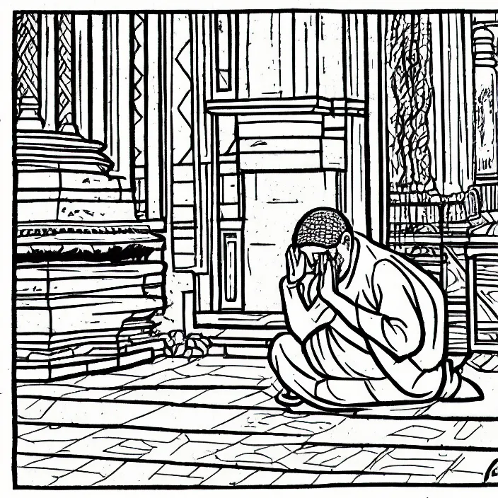 Image similar to a still frame from comic strip a person praying in the temple 1 9 9 0, new yorker illustration, monochrome contrast bw, lineart, manga, simplified