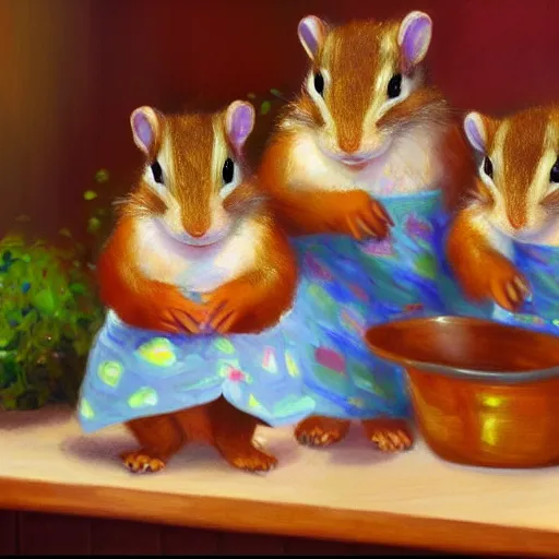 Prompt: ! dream chipmunks in a kitchen baking cookies, vintage kitchen, monet, painting, impressionism, chipmunk animal, baking cookies, colorful, accurate, artstation award, concept art