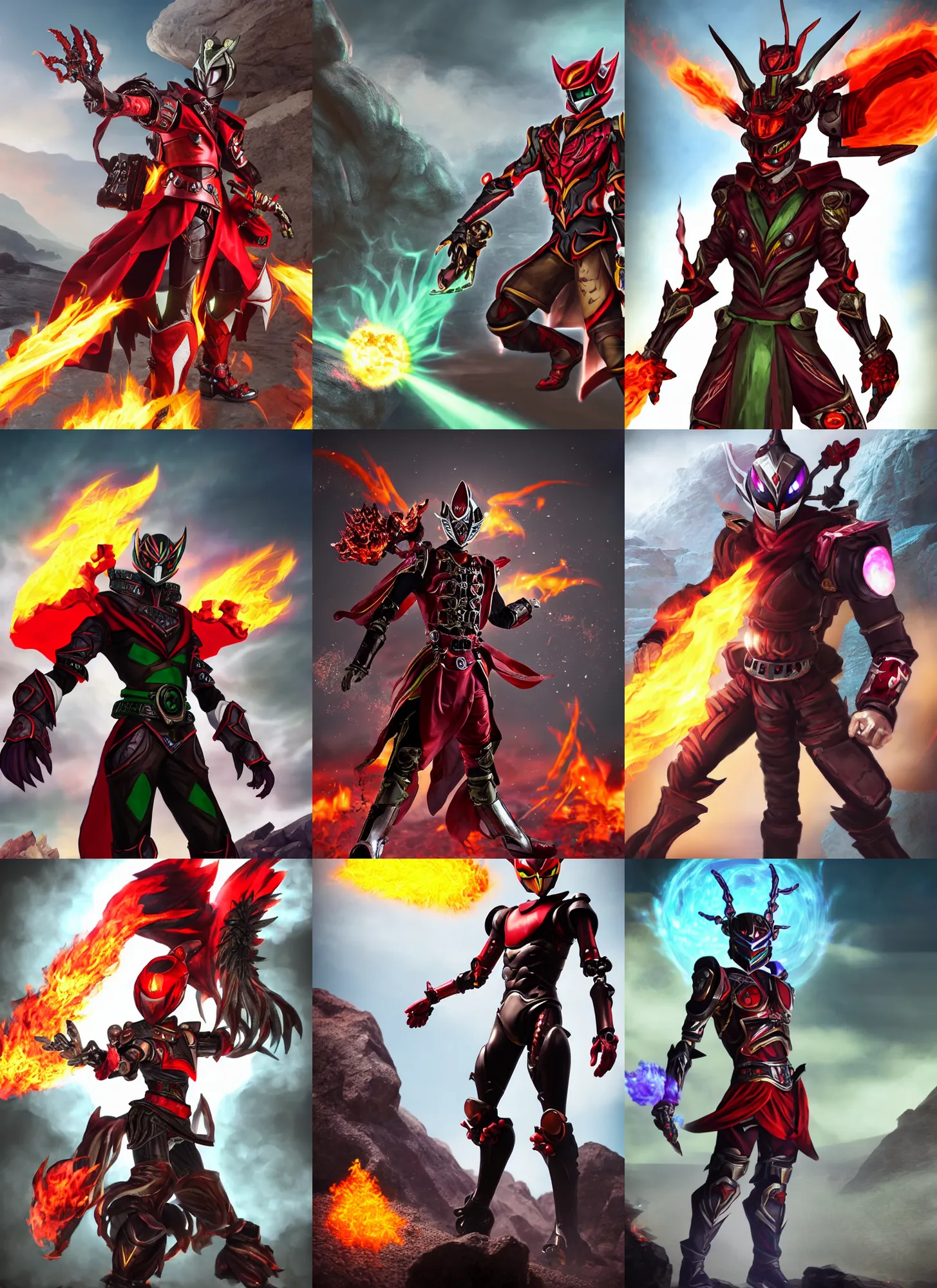 Prompt: High Fantasy Kamen Rider with a red scarf of fire billowing behind him standing in a rock quarry doing a henshin pose, full body single character, League of Legends Character Splash Art, rubber suit, biomechanical, Arcane style, good value control, high quality, 4k, ultra realistic, highly detailed, illustration, matte painting, rule of thirds, centered, cinematography