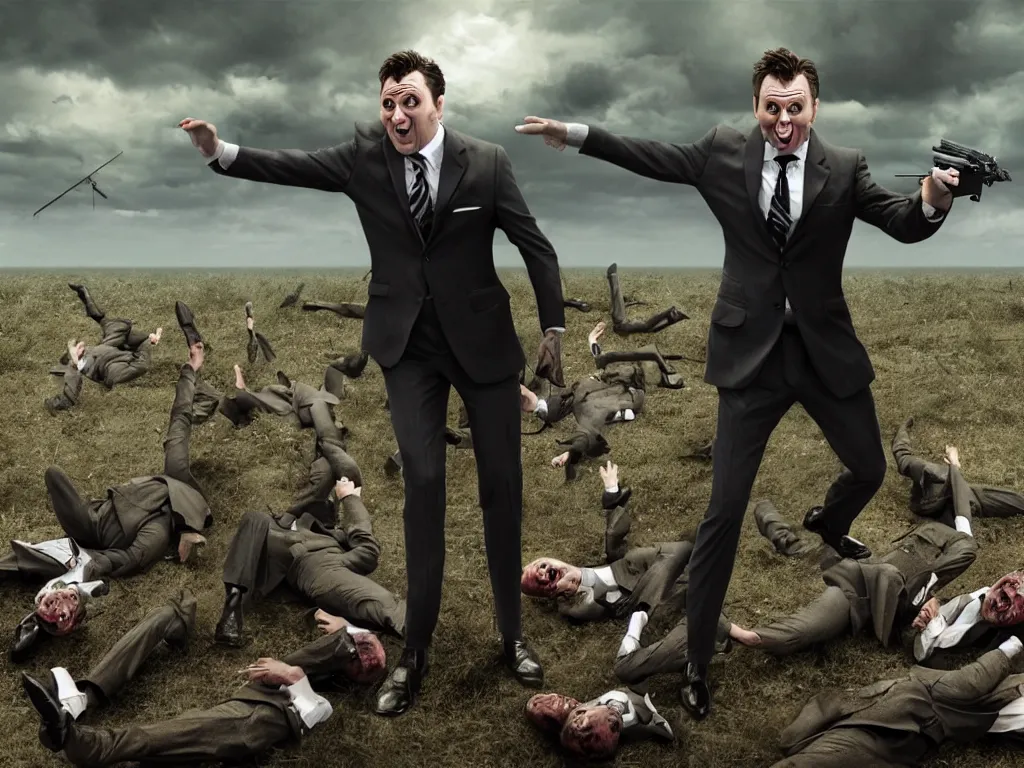 Image similar to one Comedian in suit and tie performing in a battle-field with dead bodies on the ground, comedian is funny, performing to dead soldiers, nuclear bomb in far horizon, apocalypse, trending on artstation, single man in suit, artstationHD, hyperdetailed matte painting, highly detailed, digital painting, hyper-realistic, realistic, photo-realistic