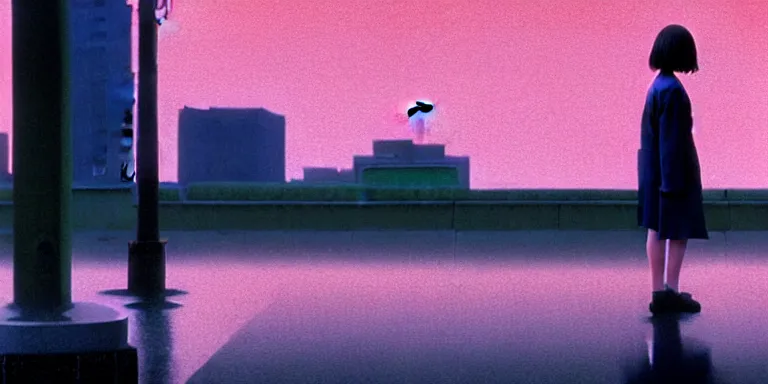 Image similar to an immaculate isometric cinematic keyframe matte painting of the silhouette of a young japanese girl standing in wide wet street 1 9 7 0 s vaporwave rust belt city at dusk with an oversized moon, just after the rain has cleared. by eric lafforgue, glennray tutor and edward hopper, greg rutkowski. trending on artstation.