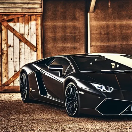 Image similar to lamborghini in a barn, rustic, vintage, aesthetic