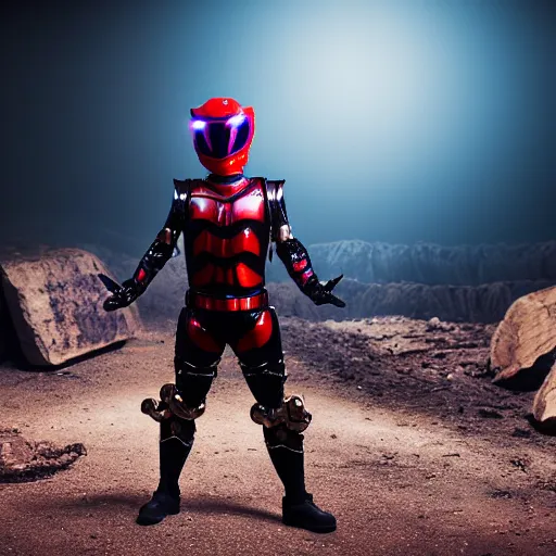 Image similar to breakdancing Kamen Rider snake oil salesman b-boy cowboy standing in a rock quarry, single character full body, 4k, glowing eyes, rock quarry location, daytime, rubber suit, pvc armor, dark blue with red secondary color segmented armor, biomechanical, techno organic armor, ultra realistic, moody colors, ultra realistic, Beautiful Cinematography