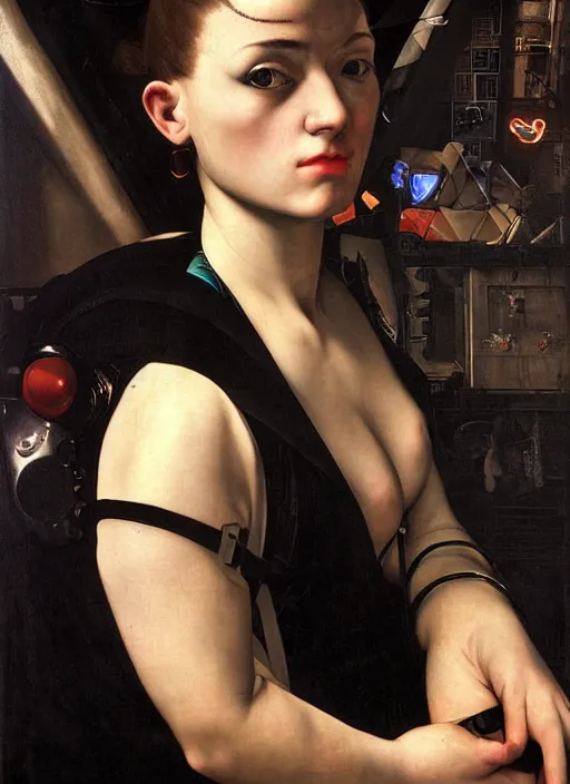 Image similar to a portrait of a cyberpunk woman jacked into a cyberdeck by Caravaggio