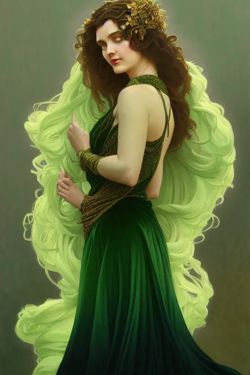 Image similar to highly detailed oil painting, ombre velvet gown, beautiful elegant dryad, beautiful face by leyendecker, feathers, long hair, muted green, dozens of jeweled necklaces, by greg rutkowski, brom, anato finnstark, alphonse mucha, cinematic lighting