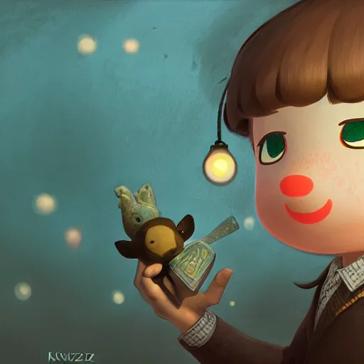 Image similar to portrait of a Animal Crossing character with brown nose, glowing skin, delicate features, amelie poulain, fantasy, intricate, elegant, highly detailed, digital painting, GameCube, concept art, smooth, sharp focus, illustration, art by Krenz Cushart and Artem Demura and alphonse mucha