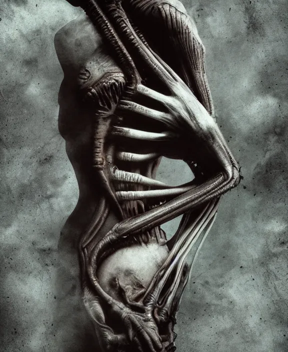 Image similar to xenomorph hugging pale sad beauty merging, dark mist colors, giger background liminal void, digital art, cinematic lighting, realistic, award winning photograph, various refining methods, micro macro autofocus