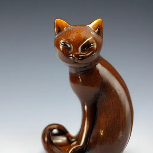 Prompt: elegant seductive anthropomorphic cat figurine wearing a kimono, hand carved brown resin, toggles, very highly detailed, intricate, monotone, shy looking down