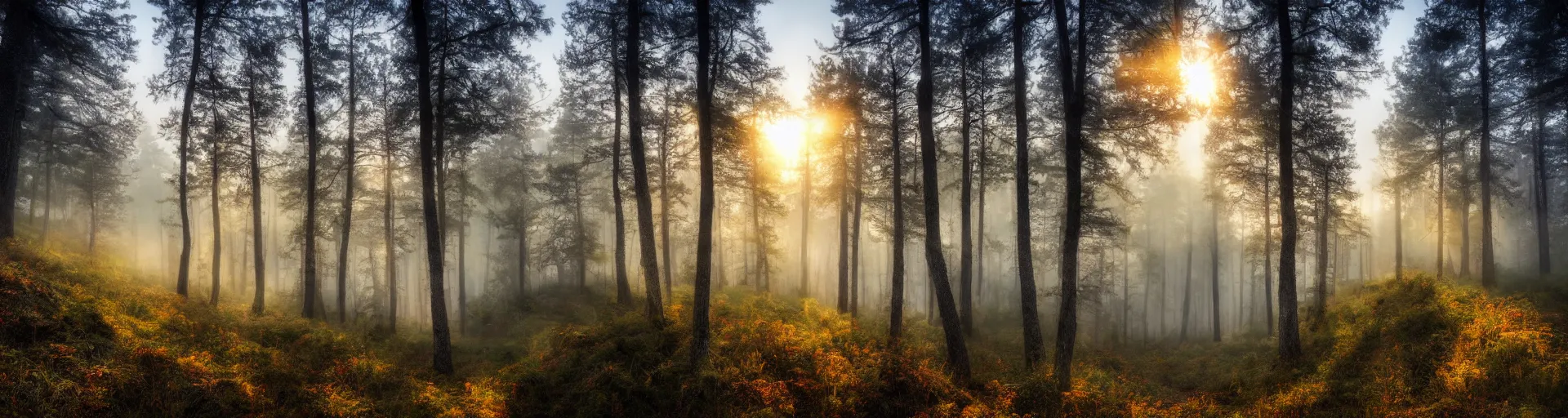 Image similar to beautiful foggy forest mountain landscape with a majestic sunrise, art, high detail, high definition, photorealistic, hdr,