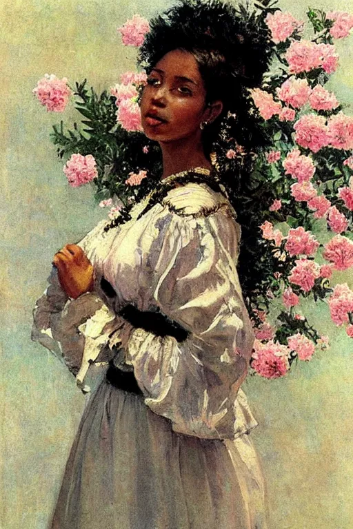 Image similar to close - up fashion black woman portrait airy flowers clouds art by vasnetsov