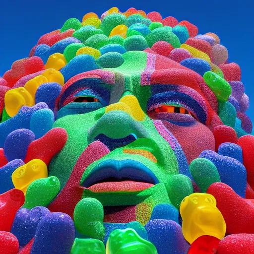 Image similar to a giant human head sculpture in the sea made out of thousands of small gummy bears, in the style of chad knight, long shot, hyper detailed, hyper realistic, ray tracing, 8 k resolution, sharp focus, realistic water, award winning