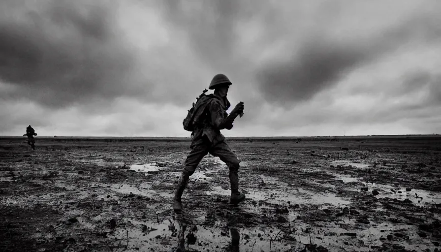 Image similar to screaming World War 1 soldier running away, wartorn landscape, lots of mud puddles and craters, bullets whizzing past camera, dirty lens, cinematic lighting, IMAX close-up of face, cinematography, 35mm