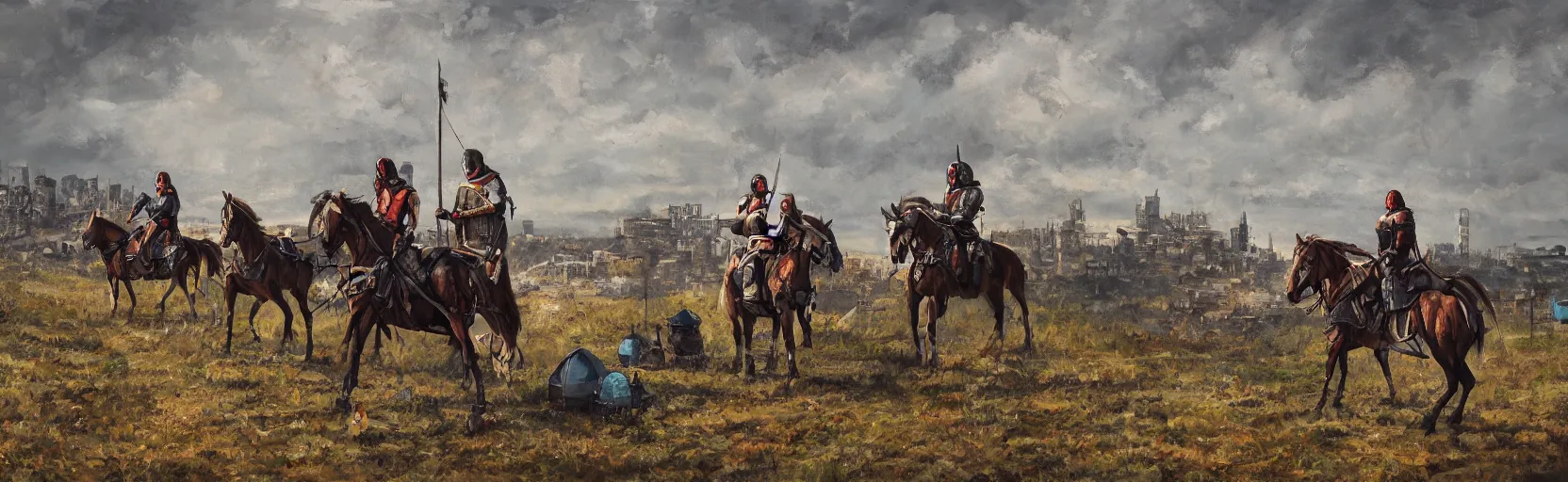 Image similar to horseback knights at scenic overlook; cloudy, grey skies, tents close, walled fortress city of deteriorating office buildings in background on hill, post apocalyptic, grungy; oil on canvas, artstation, colorful