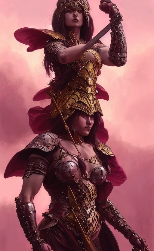 Image similar to Gothic muscular warrior queen in pink and gold mythical heavy armor of thick steel plates, fantasy, highly detailed, digital painting, artstation, concept art, smooth, sharp focus, illustration, art by artgerm and greg rutkowski and alphonse mucha