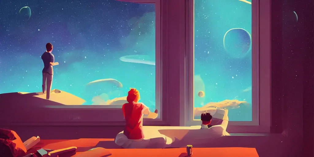 Image similar to two people looking out a window at the sky, poster art by rhads, behance contest winner, space art, synthwave, retrowave, speedpainting