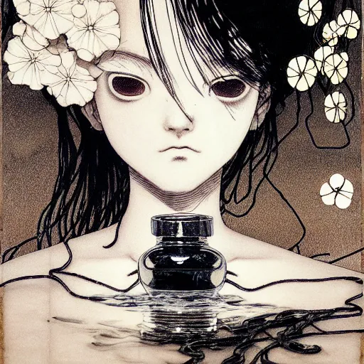 Image similar to prompt: Black and white Fragile looking vessel portrait face drawn by Katsuhiro Otomo, nymph in the water performing alchemy, small flowers and cables and wire around and on the side with artifacts, intricate oil painting, soft light, intricate detail, intricate oil painting detail, sharp high detail, manga and anime 2000