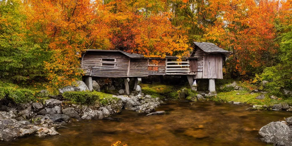 Image similar to a wooden cottage by the river with a bridge connecting to it, portrait, highly detailed, autumn, falling leaves, cozy, 8 k,