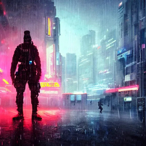 Prompt: cyberpunk soldier in neon city, raining, cinematic lighting, 4 k, by greg rutkowski