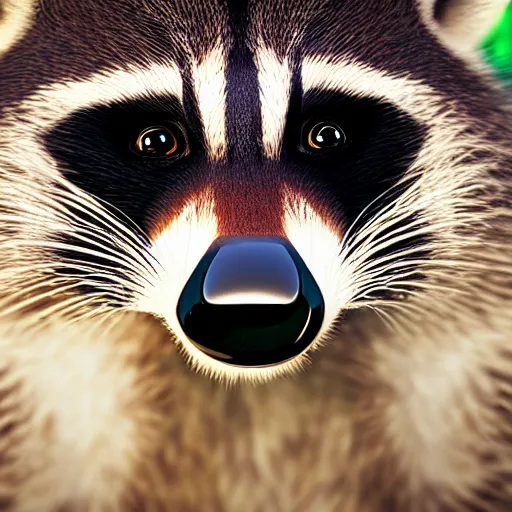 Image similar to a raccoon with a telephoto lens for a nose, octane render, hyperrealism, photorealism, unreal engine, dramatic lighting, volumetric lighting, uplighting