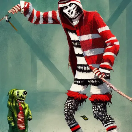 Image similar to Freddie Kruger wearing a green and red striped sweater, horror, grunge, loony toons style, illustrated by Greg Rutkowski ., Trending on artstation, artstationHD, artstationHQ, 4k, 8k