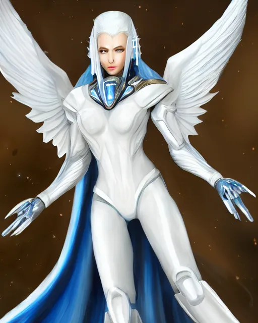 Image similar to perfect white haired attractive egyptian goddess with huge white dove wings, warframe armor, beautiful, symmetric, charlize theron, half asian, pretty face, blue eyes, cyborg, scifi platform, laboratory, experiment, 4 k, ultra realistic, epic lighting, android body, illuminated, cinematic, masterpiece, art by akihito tsukushi, voidstar