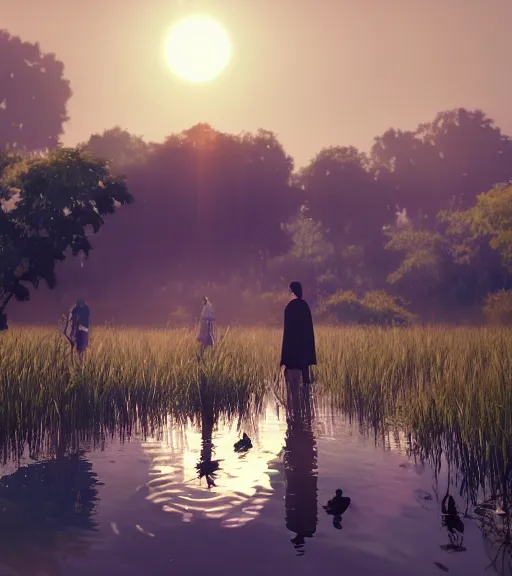 Image similar to three humans with a reflection of three crows in a little boat in a swamp, volumetric lighting, fog, majestic light, octane render, ethereal glare of the sun, hyperrealistic, epic, masterpiece, by makoto shinkai