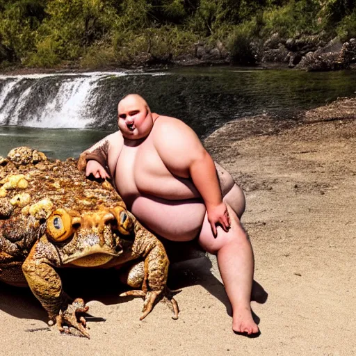 Prompt: dramatic photo of a fat man in a swimsuit holding and licking the worlds largest toad