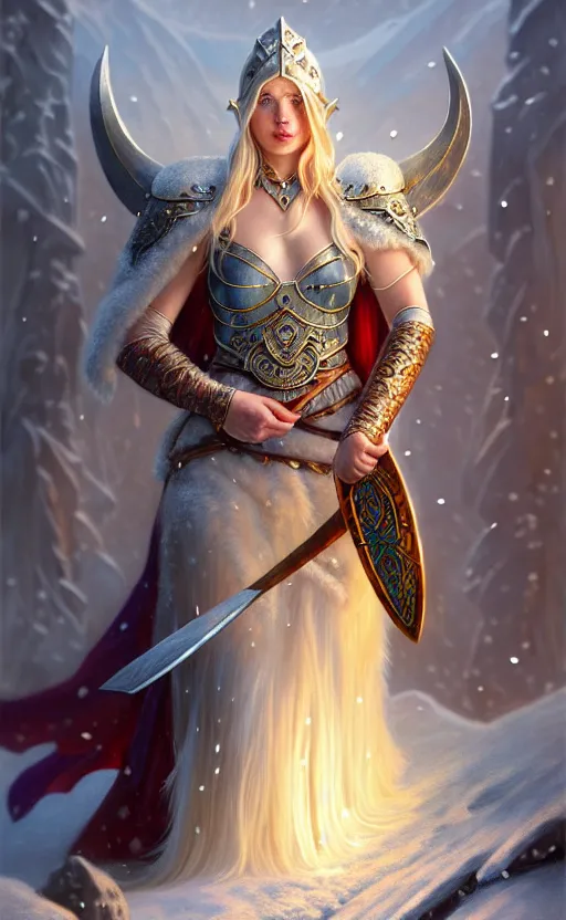 Image similar to opal viking warrior, regal, elegant, winter, snow, beautiful, stunning, hd, illustration, epic, d & d, fantasy, intricate, elegant, highly detailed, wide angle, digital painting, artstation, concept art, smooth, sharp focus, illustration, wallpaper, art by artgerm and greg rutkowski and alphonse mucha and jin xiaodi