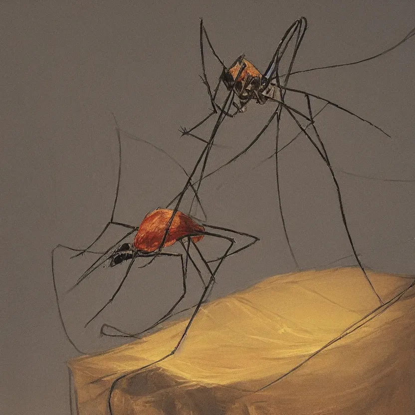 Prompt: mosquito resting on a net at night, with a dramatic lighting, painted by Tomine, highly detailed