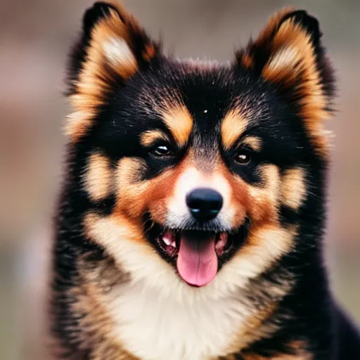 Image similar to excited brown and tan domino finnish lapphund, 35mm photograph