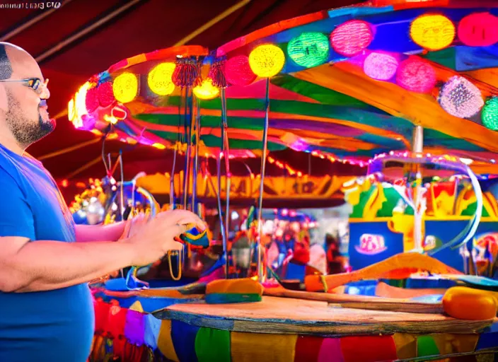 Image similar to photo still of sinbad at the county fair!!!!!!!! at age 3 6 years old 3 6 years of age!!!!!!!! playing ring toss, 8 k, 8 5 mm f 1. 8, studio lighting, rim light, right side key light