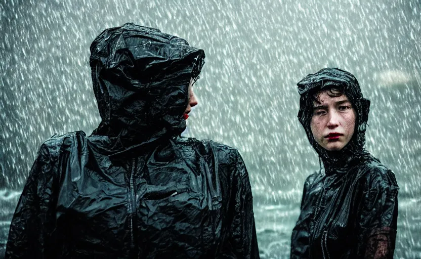 Image similar to cinestill 5 0 d candid photographic portrait by helen levitt of two loving female androids wearing rugged black mesh techwear in treacherous waters, extreme closeup, modern cyberpunk moody depressing cinematic, pouring rain, 8 k, hd, high resolution, 3 5 mm, f / 3 2, ultra realistic faces, ex machina