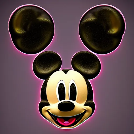 Image similar to counterfeit mickey mouse head, fractal, broken, LSD, wet, melting, fractured, mycelium, radiant alien, rococo, baroque, automotive, bio-mechanical, porcelain, iridescent, sub surface scattering, unreal engine, octane render