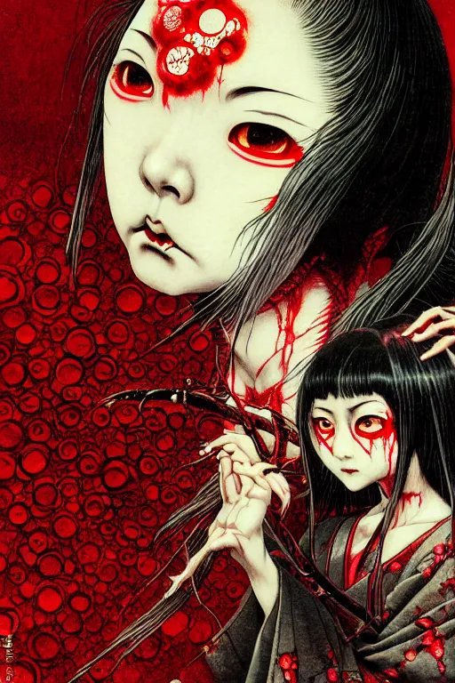 Prompt: japanese vampire girl, character portrait, portrait, close up, concept art, intricate details, highly detailed, eyes, yokai, blood, fangs, claws, cherry blossom, soft light, vintage sci - fi poster, in the style of chris foss, rodger dean, moebius, michael whelan, and gustave dore