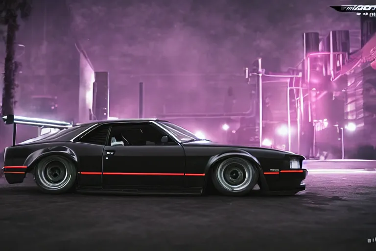 Image similar to widebody all black audi camaro b 1 ( 1 9 6 9 ), need for speed : carbon, at night, sci - fi, neon lines, phonk music background, smoke behind wheels, noise, dark, establishing shot, by simon stalenhag